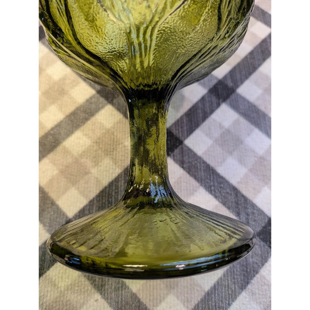 Set of 2 Vintage 1975 FTD Olive Green Pressed Glass Goblet & Dessert Coupe - Picture 6 of 7